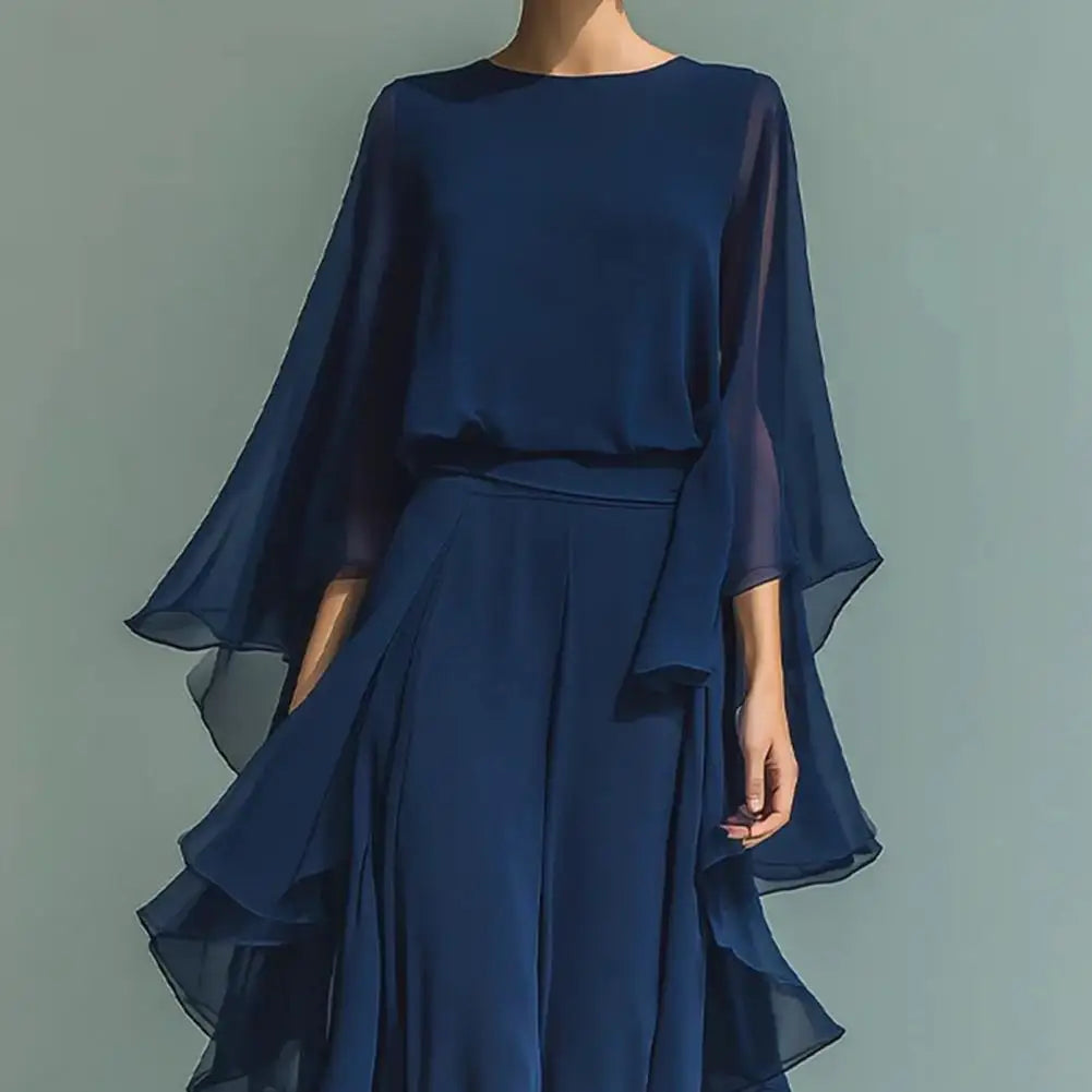 Women Top Pants Two-Piece Set Summer Loose Fit Casual Ruffle Bell Sleeve Shirt Solid Color Wide Legs Pants Trousers