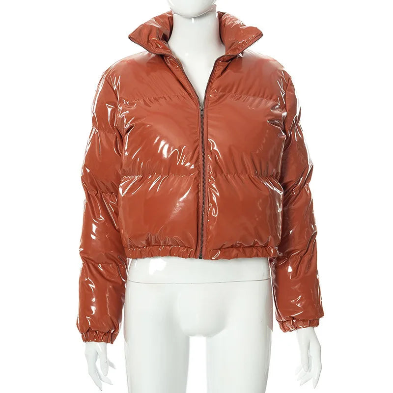 Fashion Cute Women Bright PU Pink Puffer Jacket Winter Warm Bubble Coats Shiny Leather Parkas Down Zipper Cropped Jackets Parkas