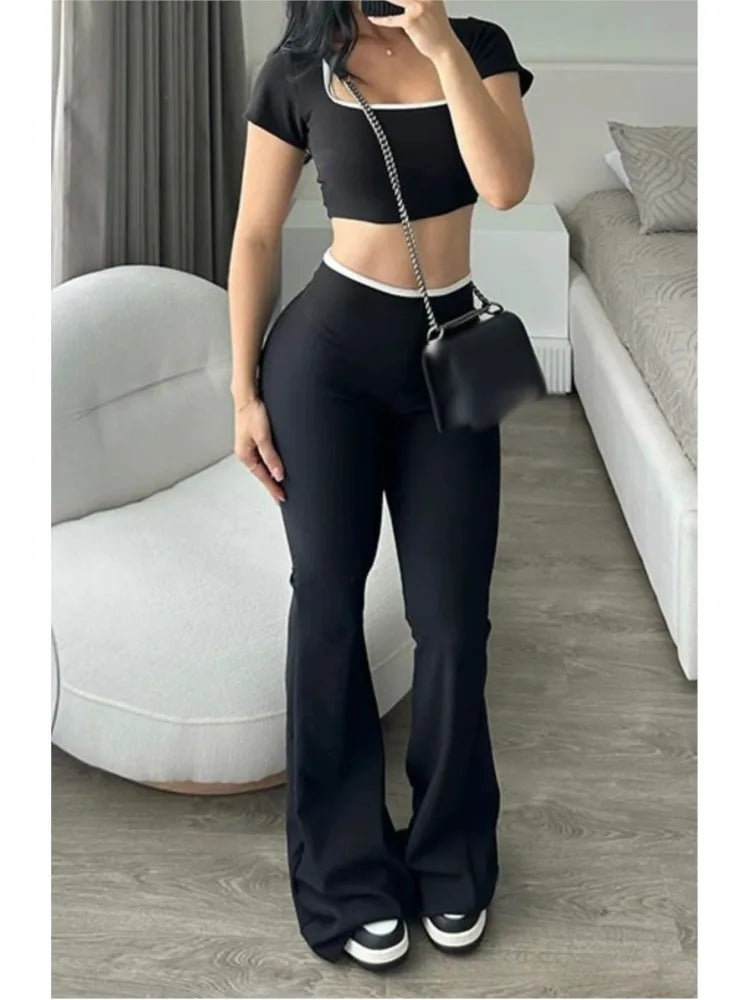 Women's Sexy Slim Set Fashion Short Sleeve Square Collar T Shirt Tops+High Waist Long Pants 2 Piece Sets For Female Streetwear