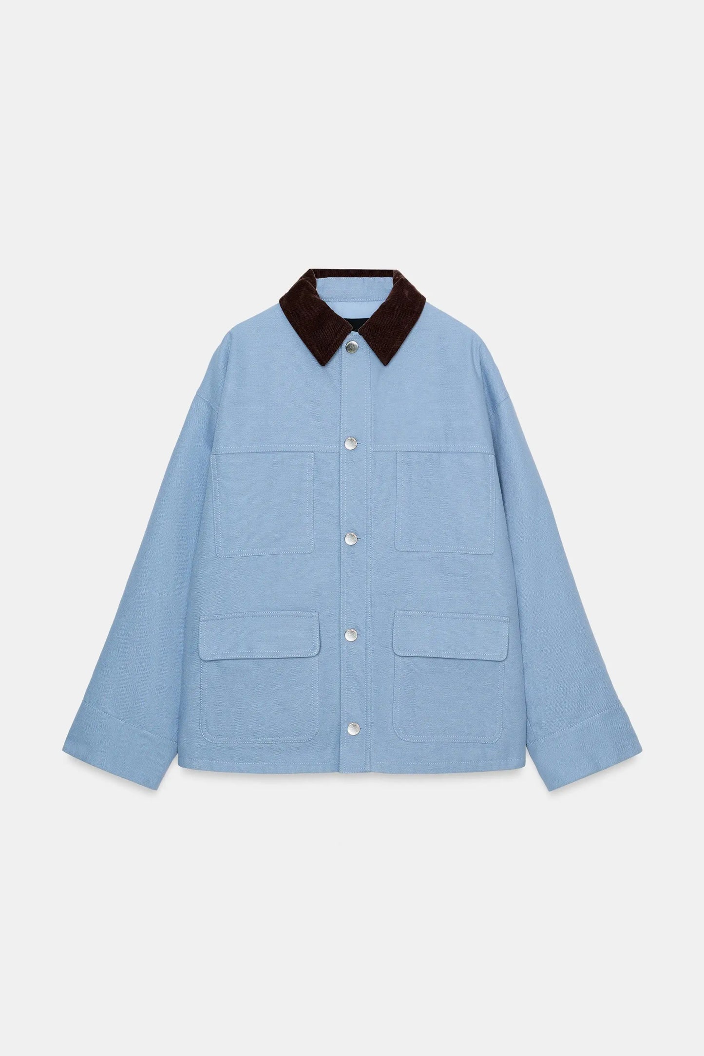 Women Blue Casual Multiple Patch Pocket Jacket Chic Corduroy Collar Single Breasted Short Coat 2026 Lady Daily Spring Wear New