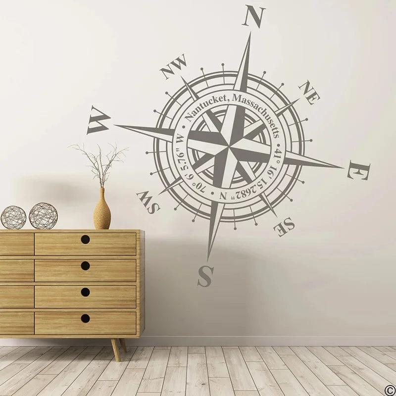 Customizable Compass Rose Wall or Ceiling Decal, Add Your Own Coordinates, Town, State or Family Name Nautical Home Decor AB37