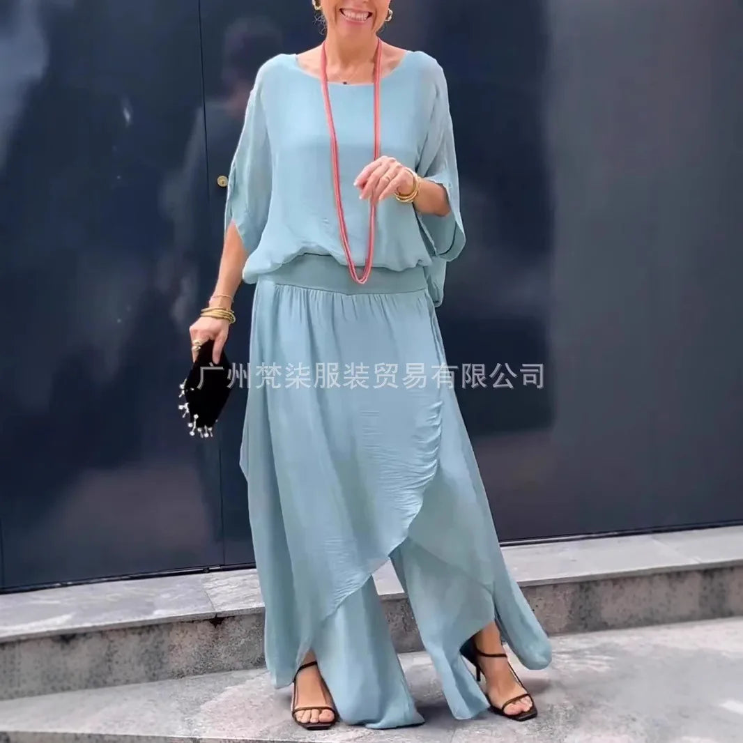 2025 Summer Fashion Women's Solid Color Casual Trendy Loose 2 Piece Chiffon Sets O-neck Short Sleeve T-shirts Wide Leg Trousers