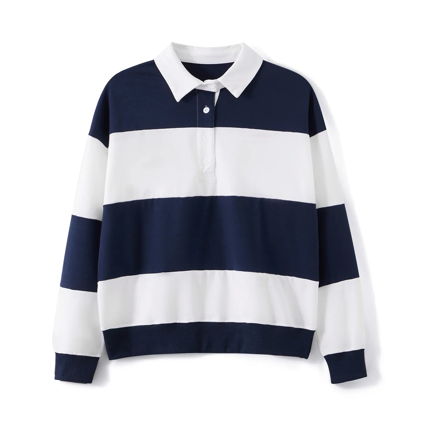 Women Long Sleeve Spring Fall Lapel Collar T-shirts Striped Contrast Color Loose Pullovers Streetwear Tops