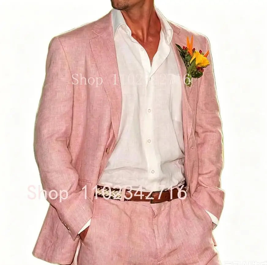 Beige Linen Men Suits 2 Pieces Beach Wedding American Style Jacket