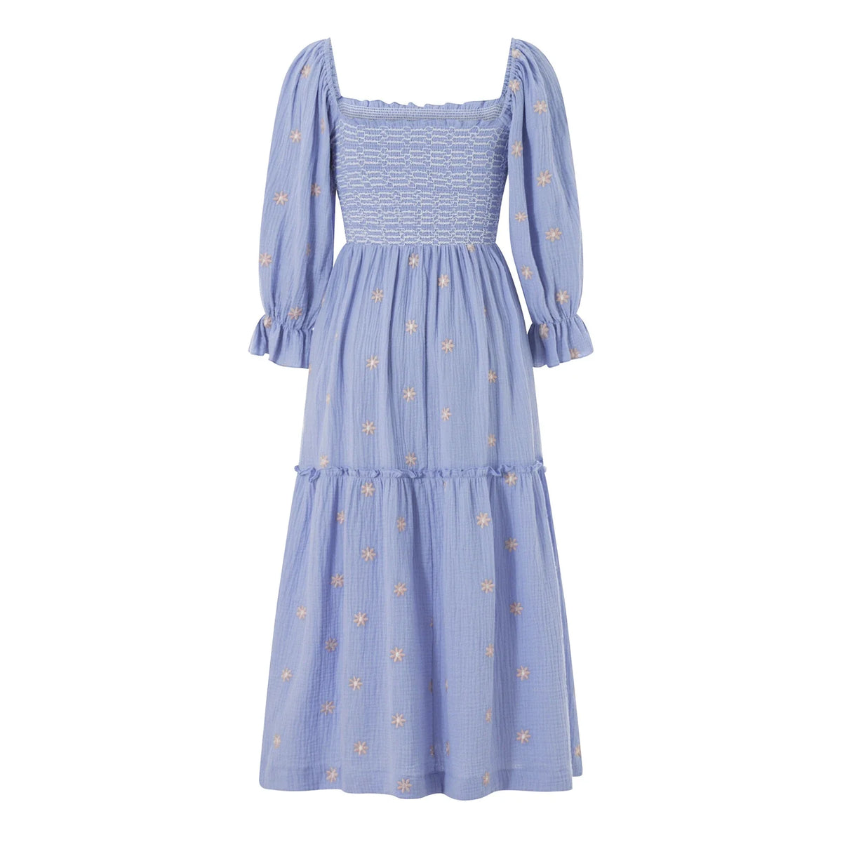 Women Spring Fall Long Dress Long Sleeve Dress Square Neck Embroidery Flower Loose Swing Dress Wit Pocket