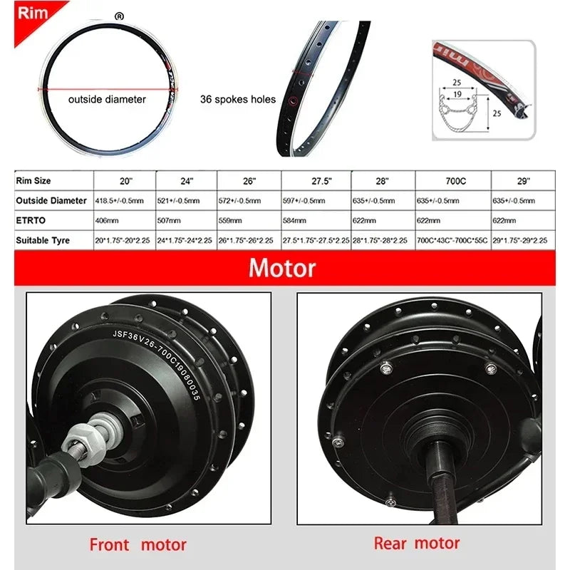 Electric Bike Motor Wheel 36V 250W 350W 500W Brushless Gear Hub Motor Front Rear 20"24"26"27.5"28"29"700C E Bike Motor Wheel
