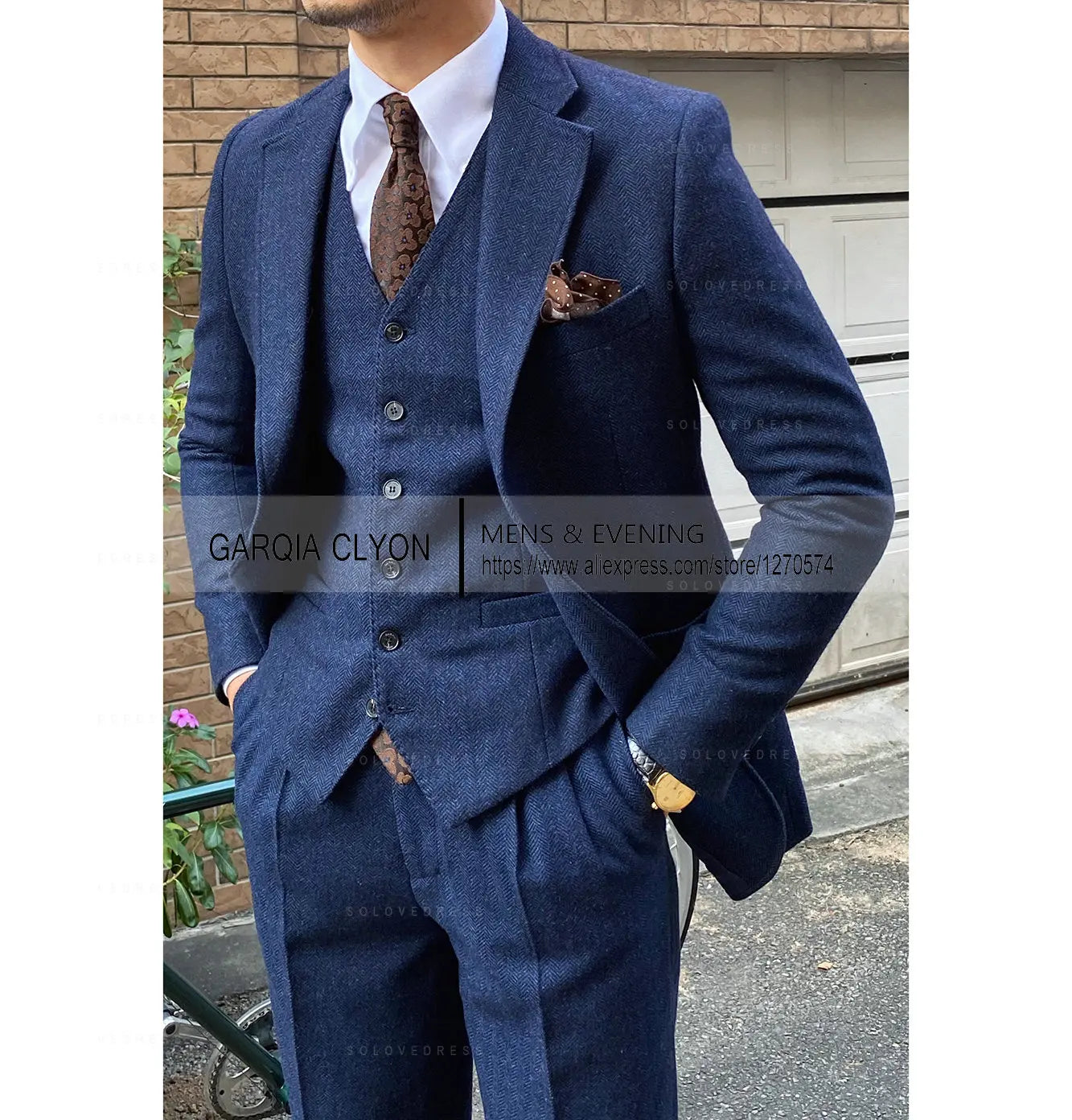 3 Pieces Men's Suits Tweed Herringbone Slim Fit Business Cauasl