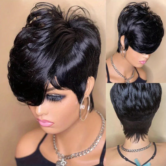Pelucas Bob Corto Pixie Rectas, Color Natural, Pelucas Bob con Flequillo, Cabello Humano Remy Virgen Brasileño, Pelucas Completas Hechas a Máquina