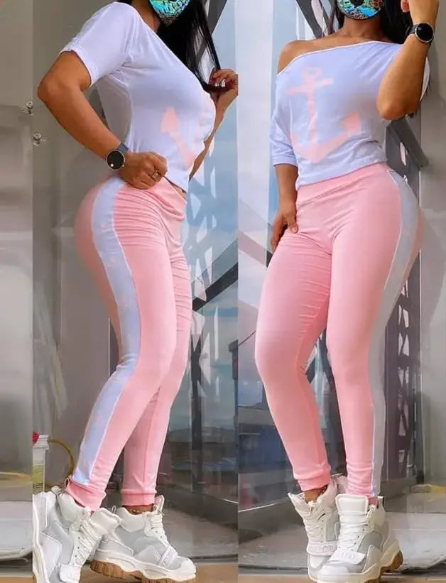CPSYMYM Two Piece Set Women Outfit Summer  Anchor Print Short Sleeve Round Neck Top & Casual High Waist Daily Long Pants