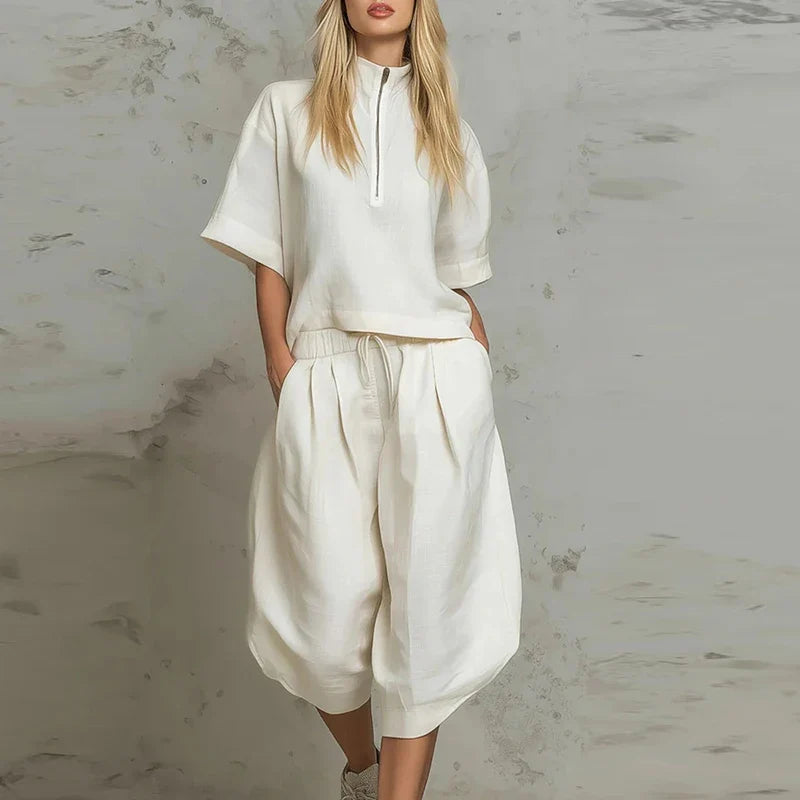Summer Zipper Half Sleeve Shirt High Waist 3/4 Length Pants Suit Women Comfortable Two Piece Set Female Tracksuits