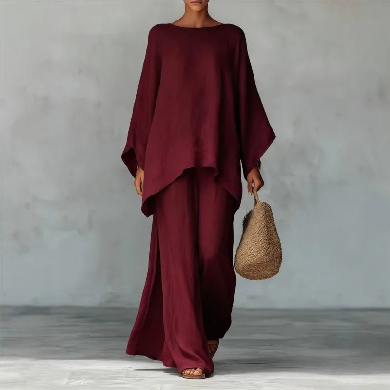 Women's Elegant Loose Round Neck Top Wide Leg Pants Set Casual Simple Long Sleeve Solid Color Two-Piece Set