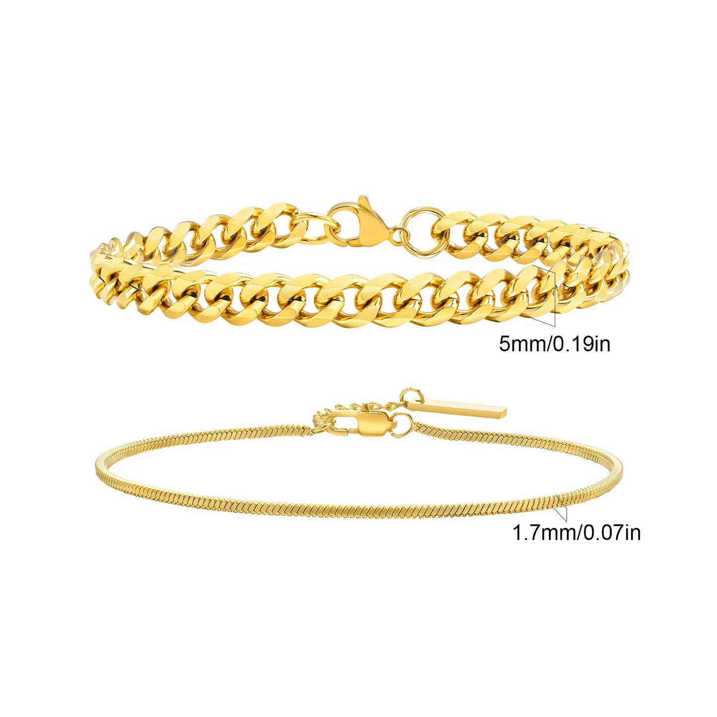 2pcs Men's Chain Bracelets, Stainless Steel Silver Gold Black Color