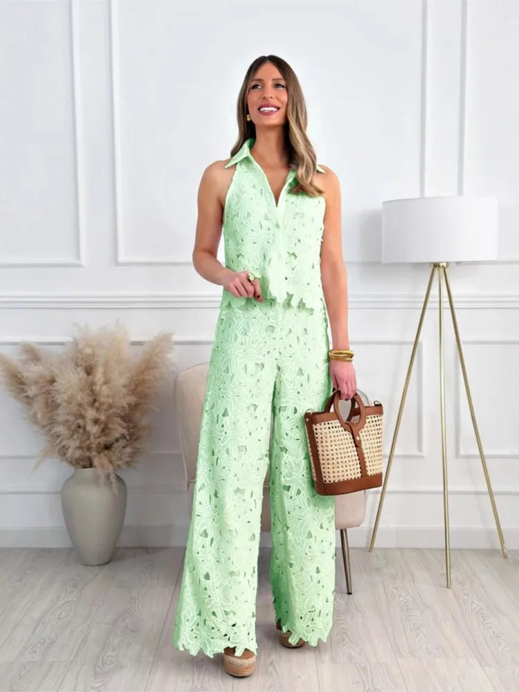 Fashion Lace Embroidered Cardigan Vest Tops + Wide-leg Trousers 2-piece Summer New Chic Elegant Women OfficeLong Pants Suit 2025