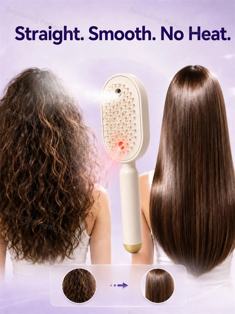 No Heat Electric Hair Straightening Brush with Fine Mist Spray Red Light Care Straightener Smoothing Wet & Dry Use Fast Charge