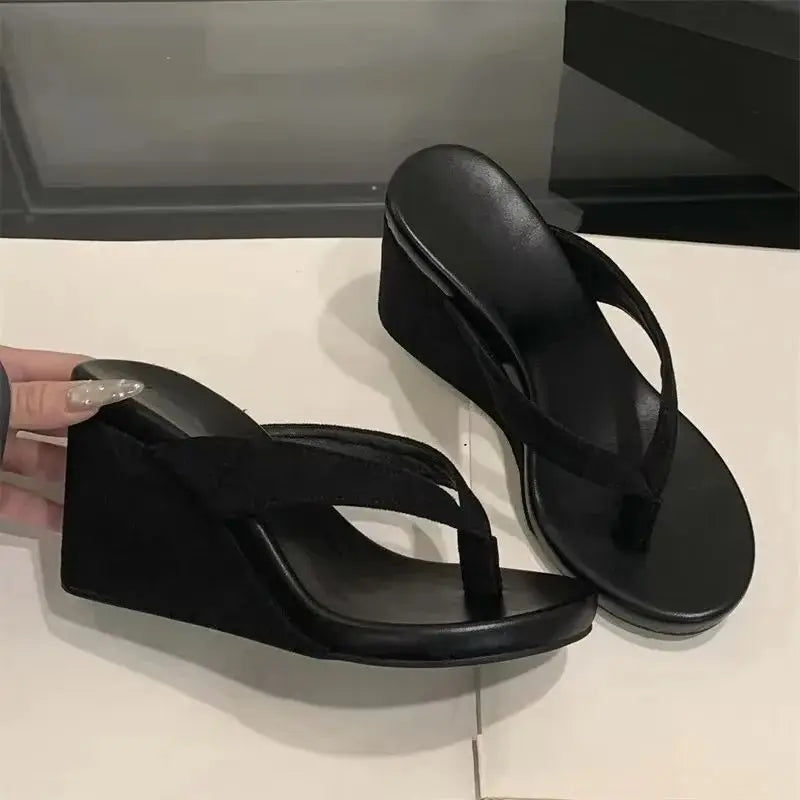 Eilyken Summer Leopard Print Clip Toe Platform Wedges Women Slippers Fashion Thick Bottom High Heels Flip Flops Shoes