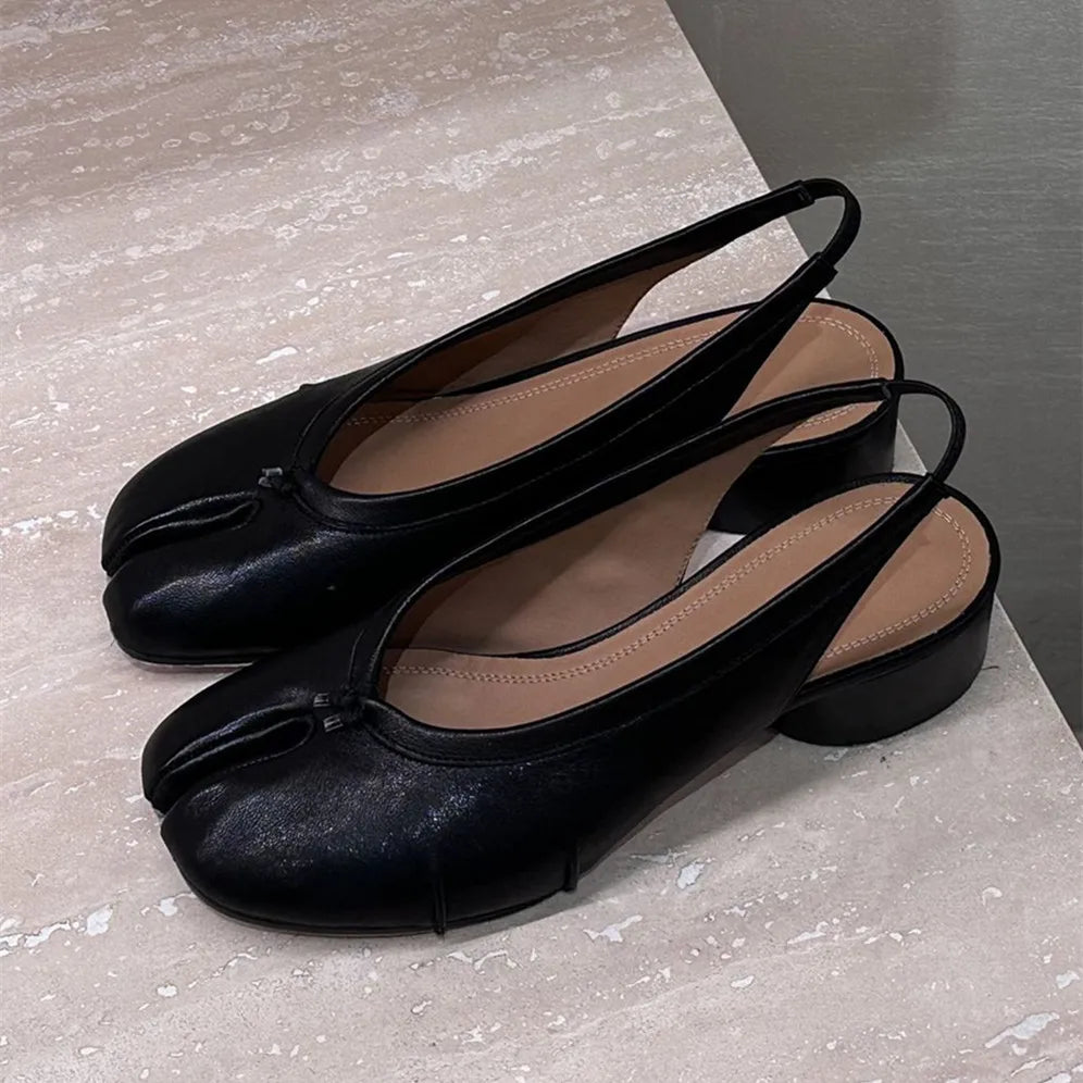 2025 Spring Summer Fashion Soft Leather Split Toe Women Pumps Casual Comfortable 3.5cm Low Heeled Slingbacks Tabi Ballet Shoes
