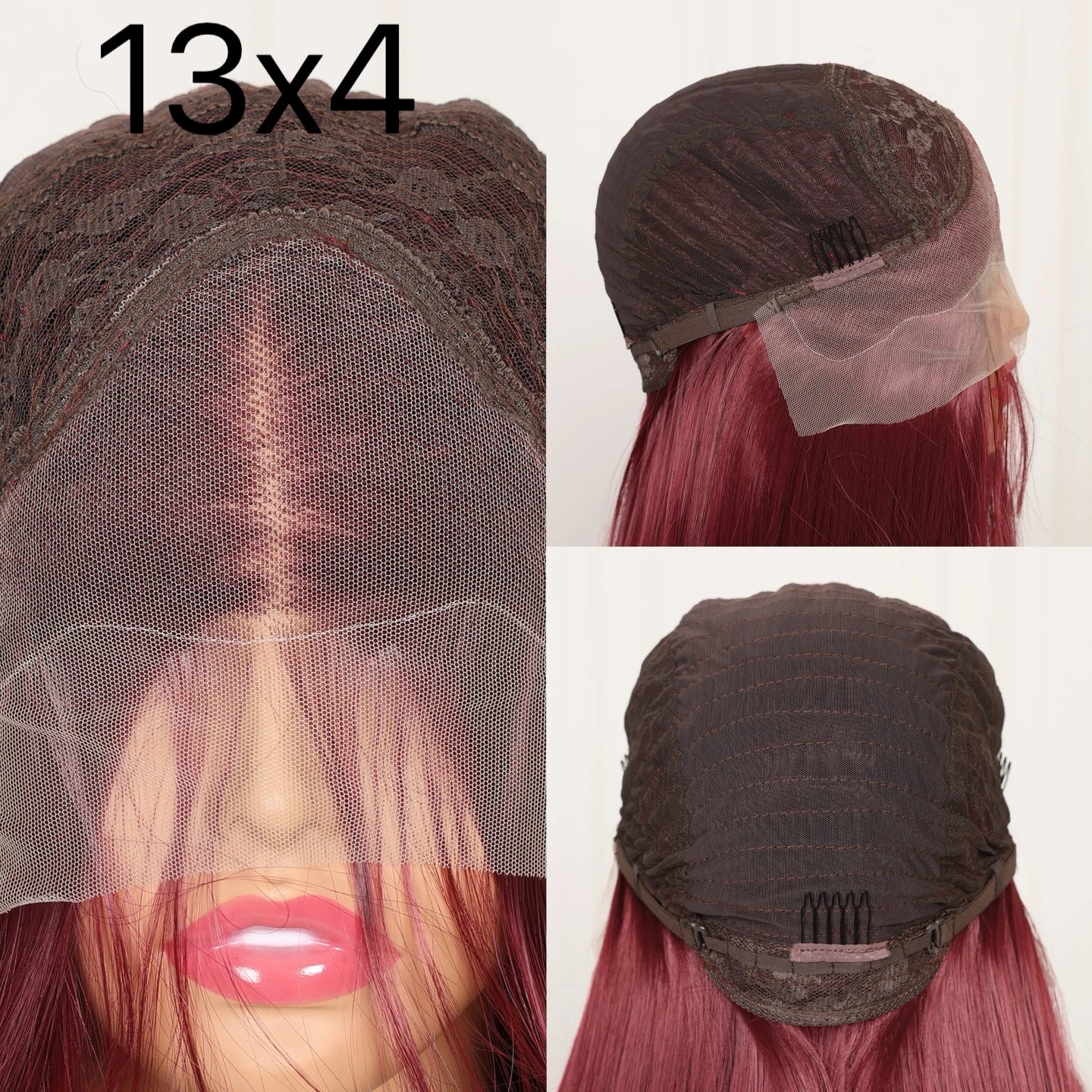 Peluca de encaje frontal sintética 13X4 HD con flequillo corto y liso, color rojo burdeos 99J, para mujeres negras, pre-arrancada con pelo de bebé, sin pegamento
