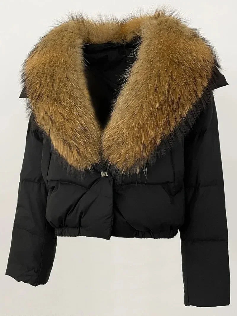Down Jacket Women Short Puffer Jacket Thick New Big Natural Real Fox Fur Coat  Autumn Winter Female White Duck Down Coat Feather