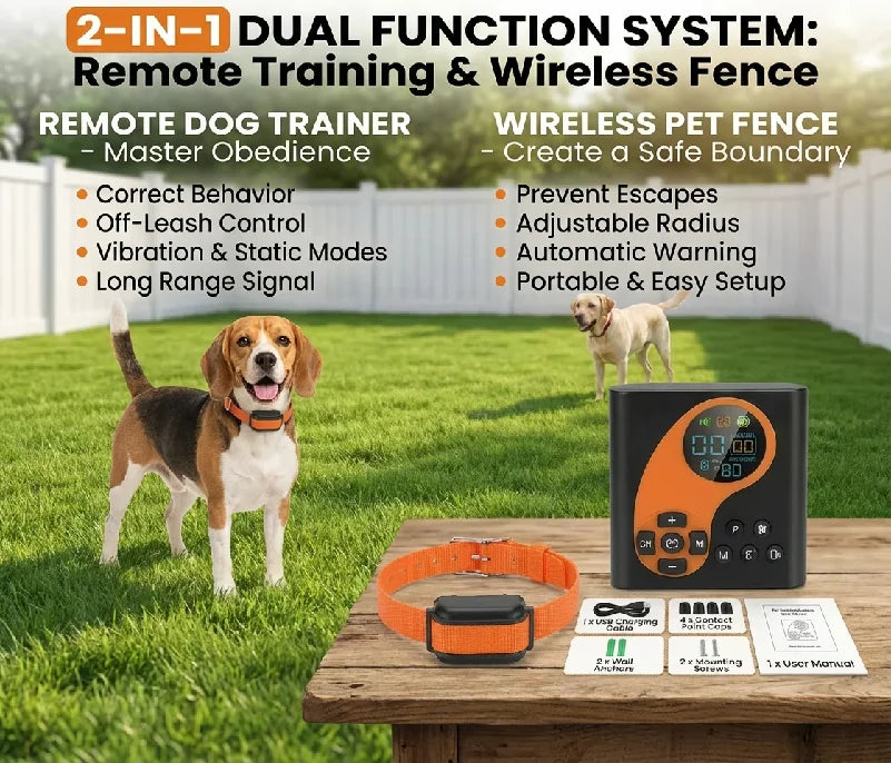 Electric Dog Fence Wireless with Remote Trainer, 2-in-1 Pet Training System, Waterproof Shock Collar for Dogs, Anti-Bark Control