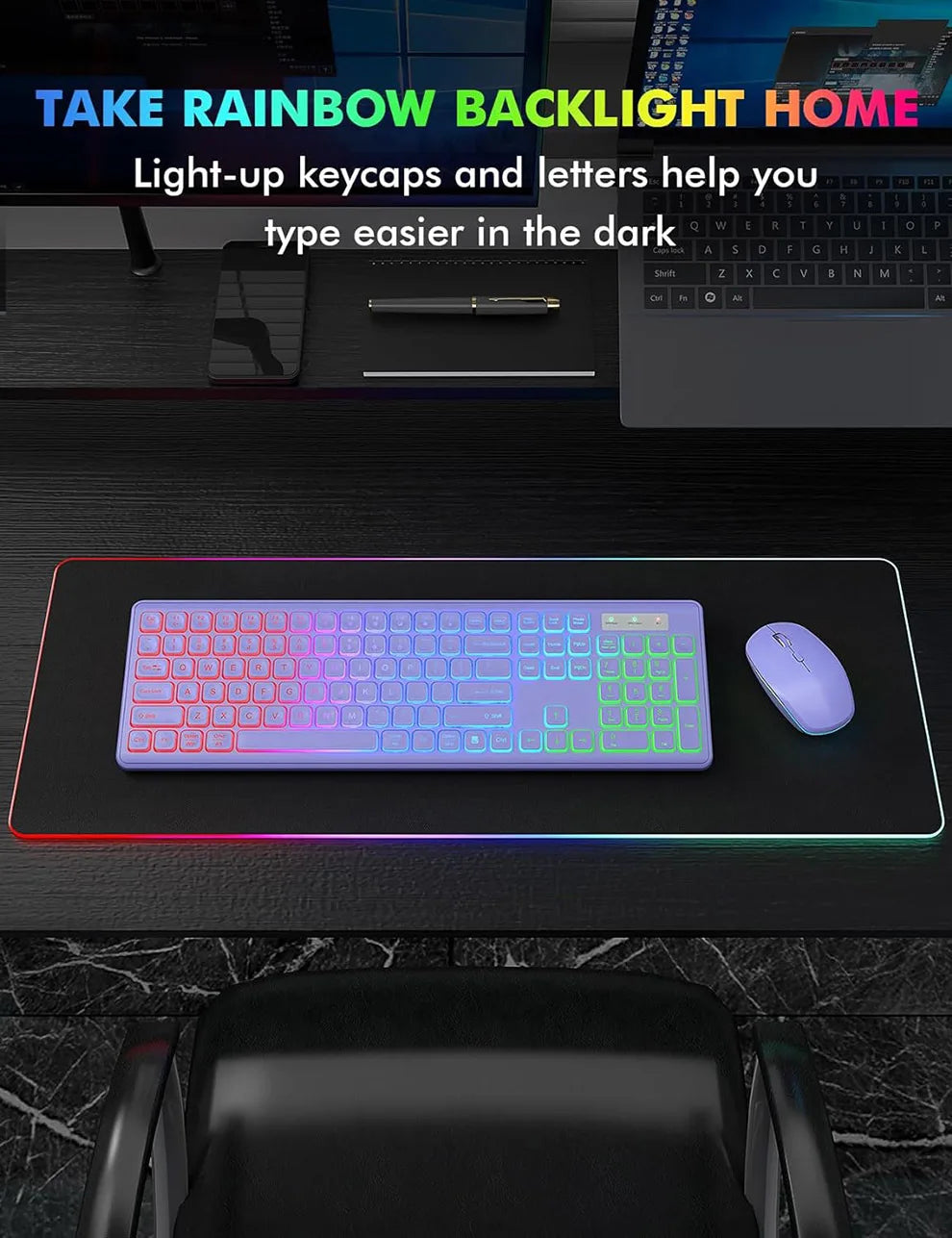Wireless Backlit Keyboard and Mouse Combo - Rechargeable Full-Size 2.4GHz Illuminated Set for Enhanced Productivity
