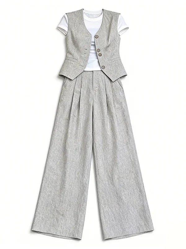 plus Size Casual Style Three Piece Set Women's Summer New White T-Shirt Sleeveless Tank Top Wide Leg Pants Ensemble