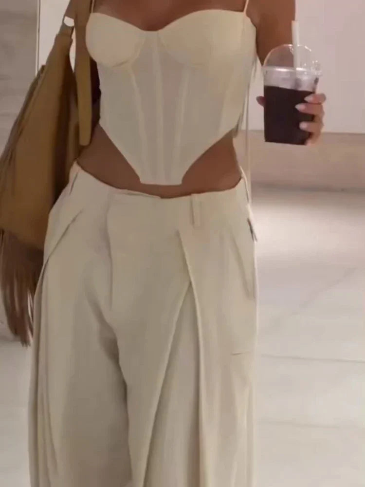 Fashion Slim Fishbone Corset Pant Set Women Sexy Slim Sleeveless Backless Crop Top Wide Leg Pants 2026 Summer Lady Solid Outfit