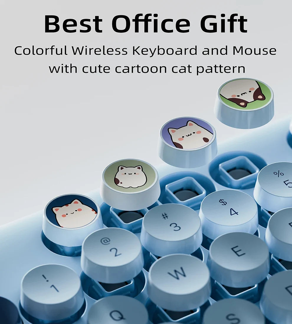 Full Size Wireless Keyboard Mouse Combo 104 Keys Retro Cute Cat Design Plug and Play Keyboard Mouse Set for Windows 7/8/10/XP