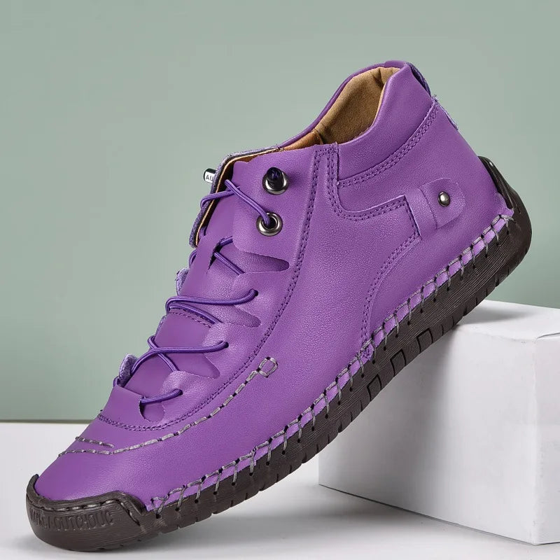 Purple Sneakers Women Casual Shoes Hand-stitching Leather Sneakers Women shoes Mid-top New Slip On Loafers Woman Driving Shoes