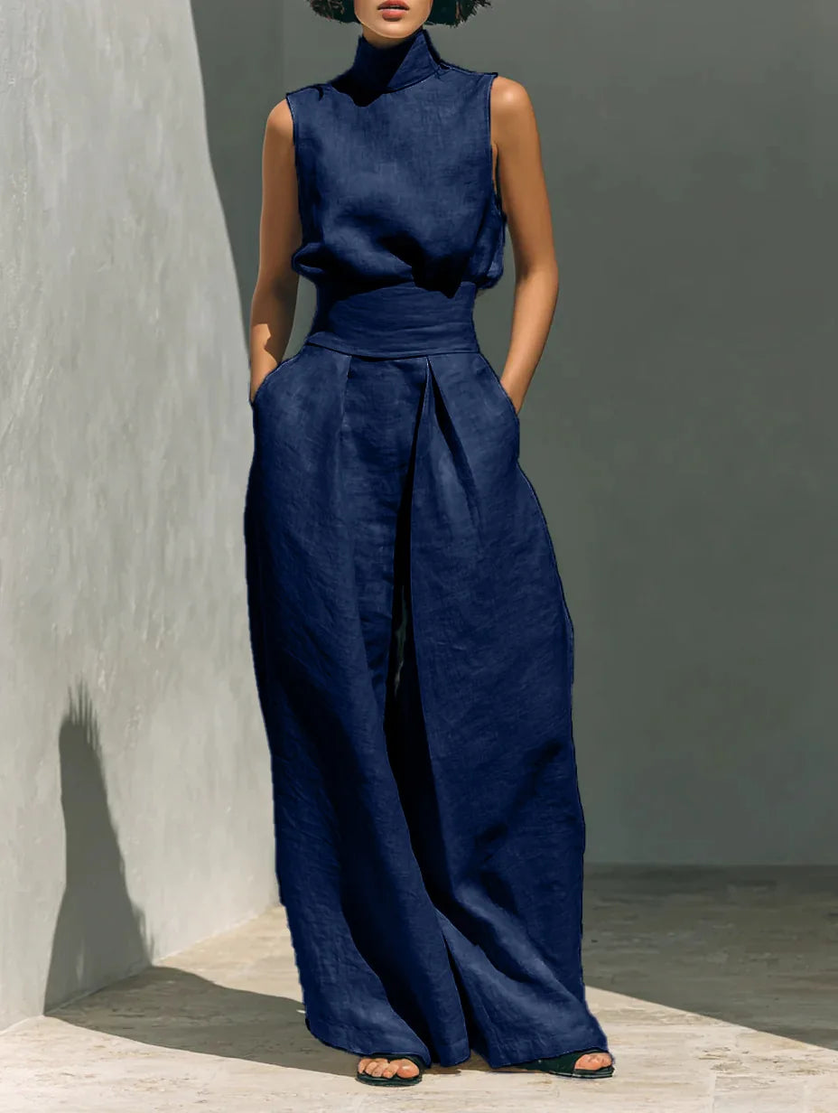 casual Solid Cotton Linen two-piece set for Women Sleeveless Turtleneck Top +High Waist Pants Set New Summer Button Loose Outfit