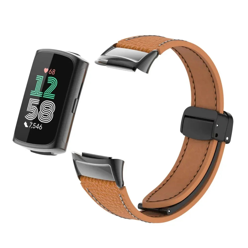Fitbit Charge 5 & 6 Leather Band with Magnetic Folding Clasp