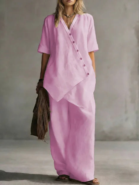 2026 Women's Fashion Casual Solid Color V-Neck Loose Short Sleeve Top and Cardigan with Long Pants Two-Piece Set