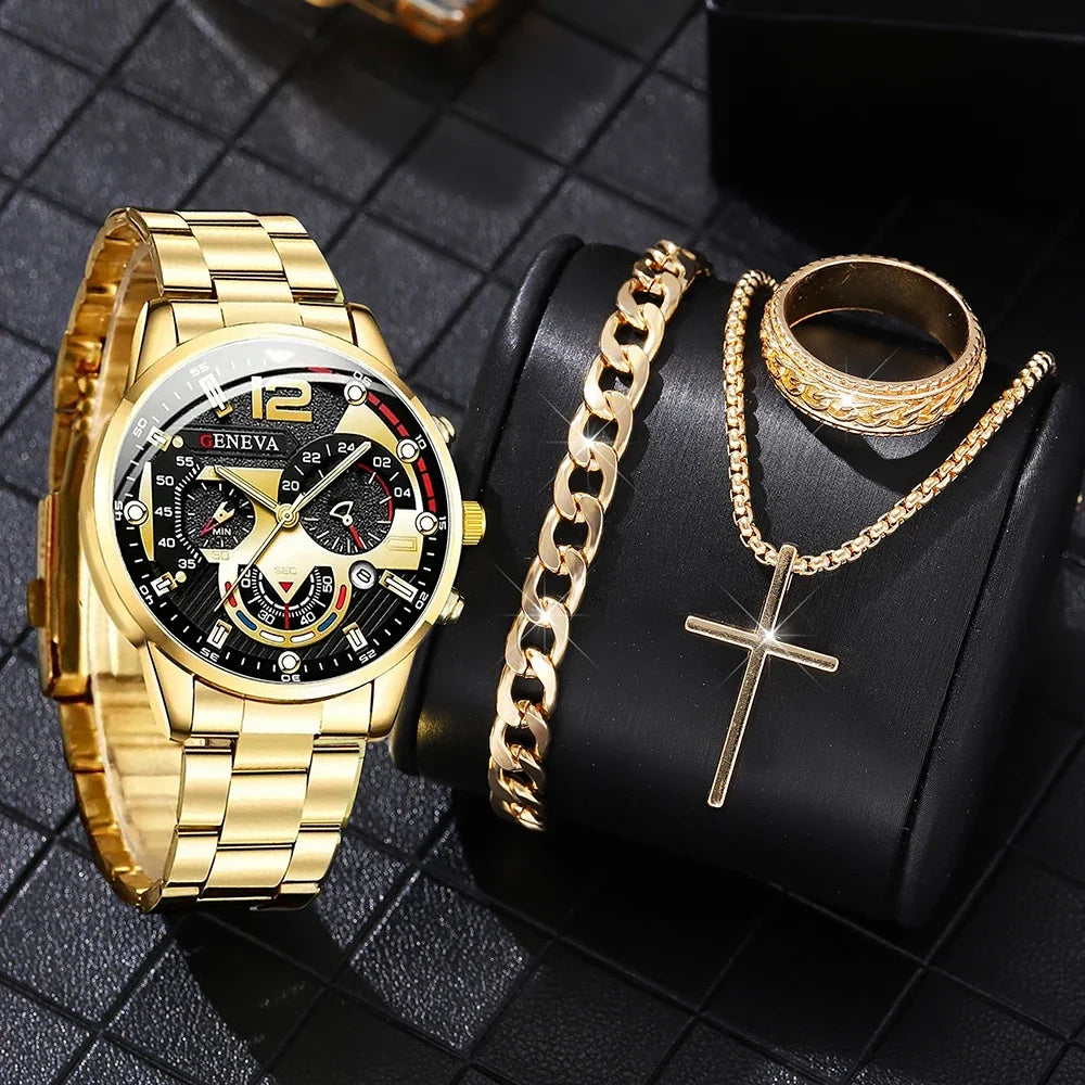 4PCS Men's Watch Set Fashion Trend Business Quartz Watch Cross Pendant Necklace Ring Bracelet Jewelry Set Perfect Gift for Him