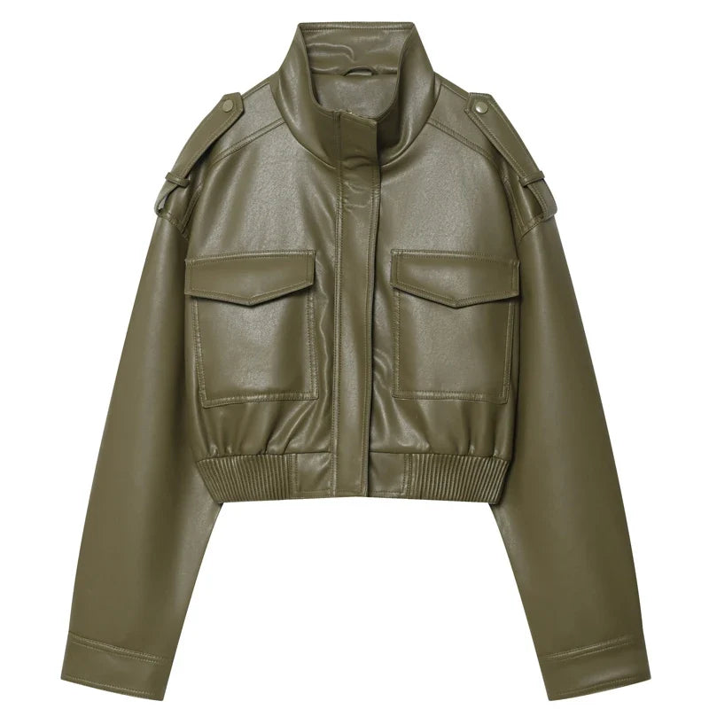 Women's Jacket Faux Leather Jacket Green Women's Demi-Season Jacket Outerwears Women's Autumn New In Coat Windbreaker Streetwear
