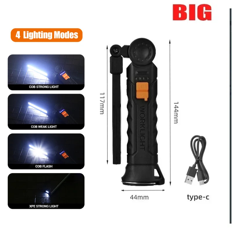 360° Rotating LED Work Light Sets 5 Modes USB Rechargeable Magnetic Base Hanging Hook Waterproof for Garage Auto Repair Camping