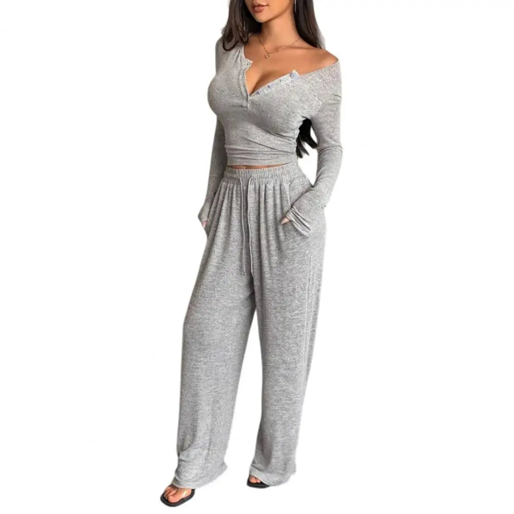 Button Up Crop Top & Wide Leg Pants Set, Women's Long Sleeve Matching Lounge Outfit Casual Fall Spring Tracksuits ﻿
