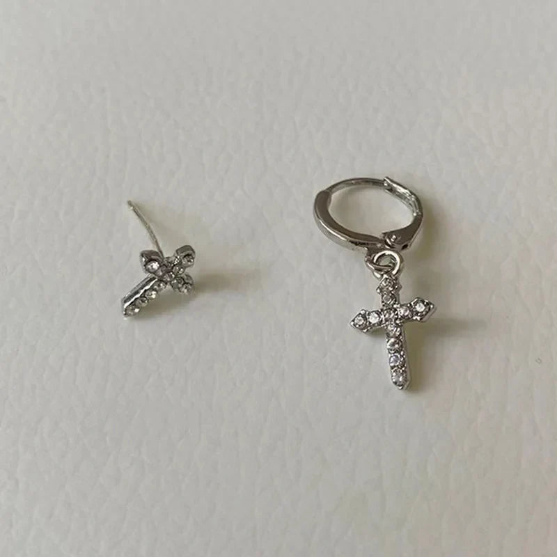 Korean Sliver Color Zircon Cross-Shape Drop Earrings | Punk Hip Hop Crystal Pendant Earrings
