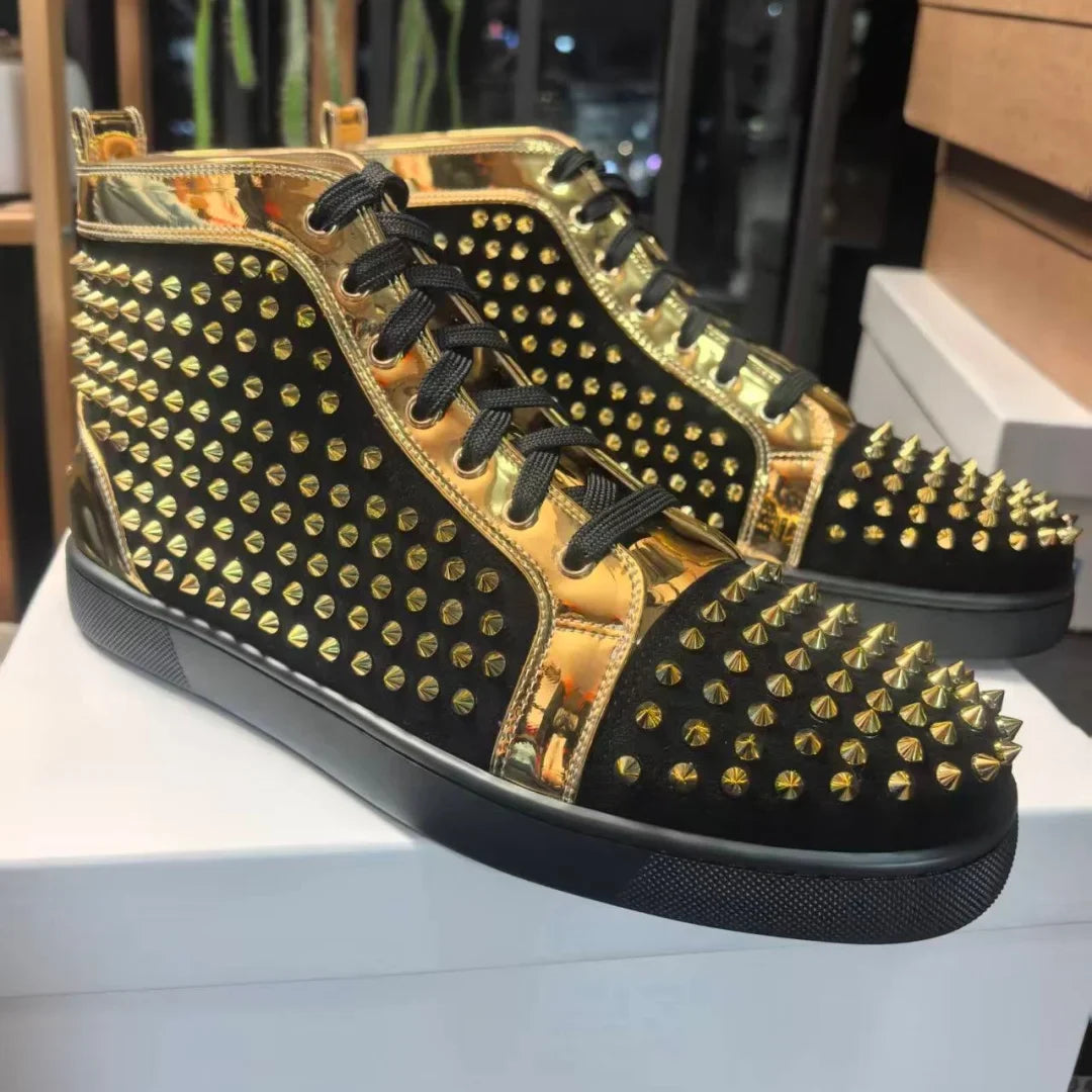 High-Top Shoe Gold Patchwork Black Leather Red Sole Sneakers Unisex Full Rivets Decorate Flat Sole Lace-Up Causal Sports Shoes