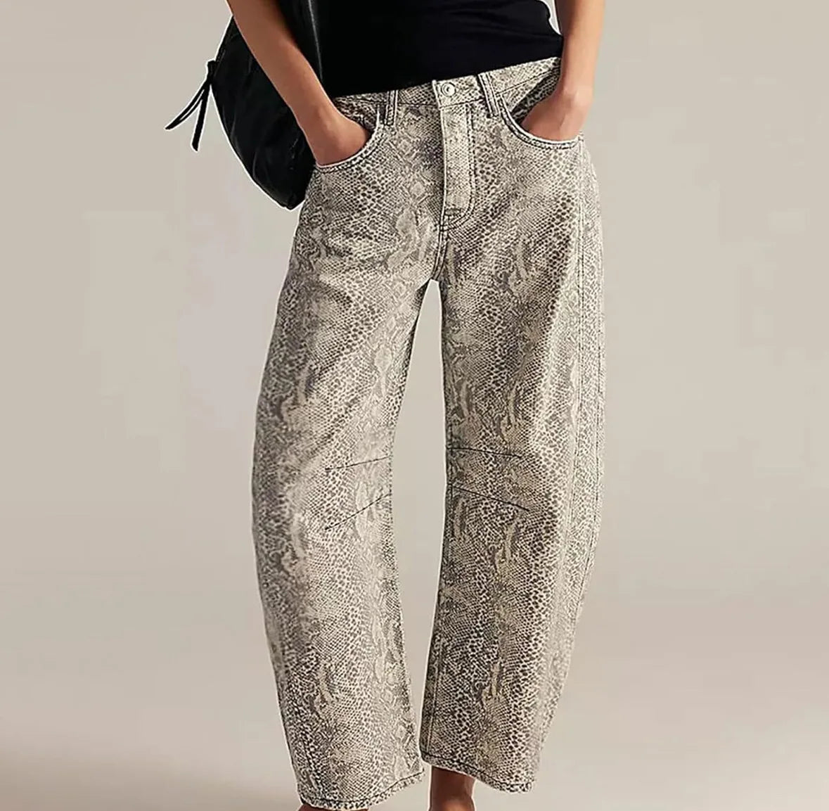 New Spring and Autumn Women's Loose Denim Flower Print Denim Pants Wide-leg Pants