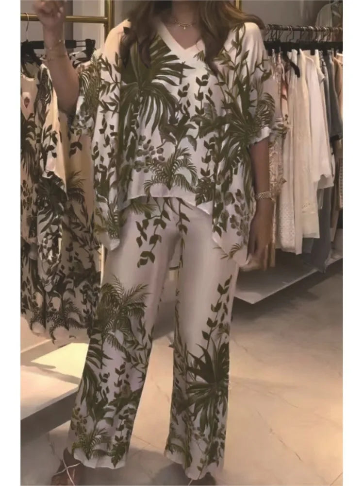 Fashion Short-sleeved V-neck Top + Wide-leg Pants 2-piece Set Women Elegant Spring Loose Irregular Top Floral Print Suit Female