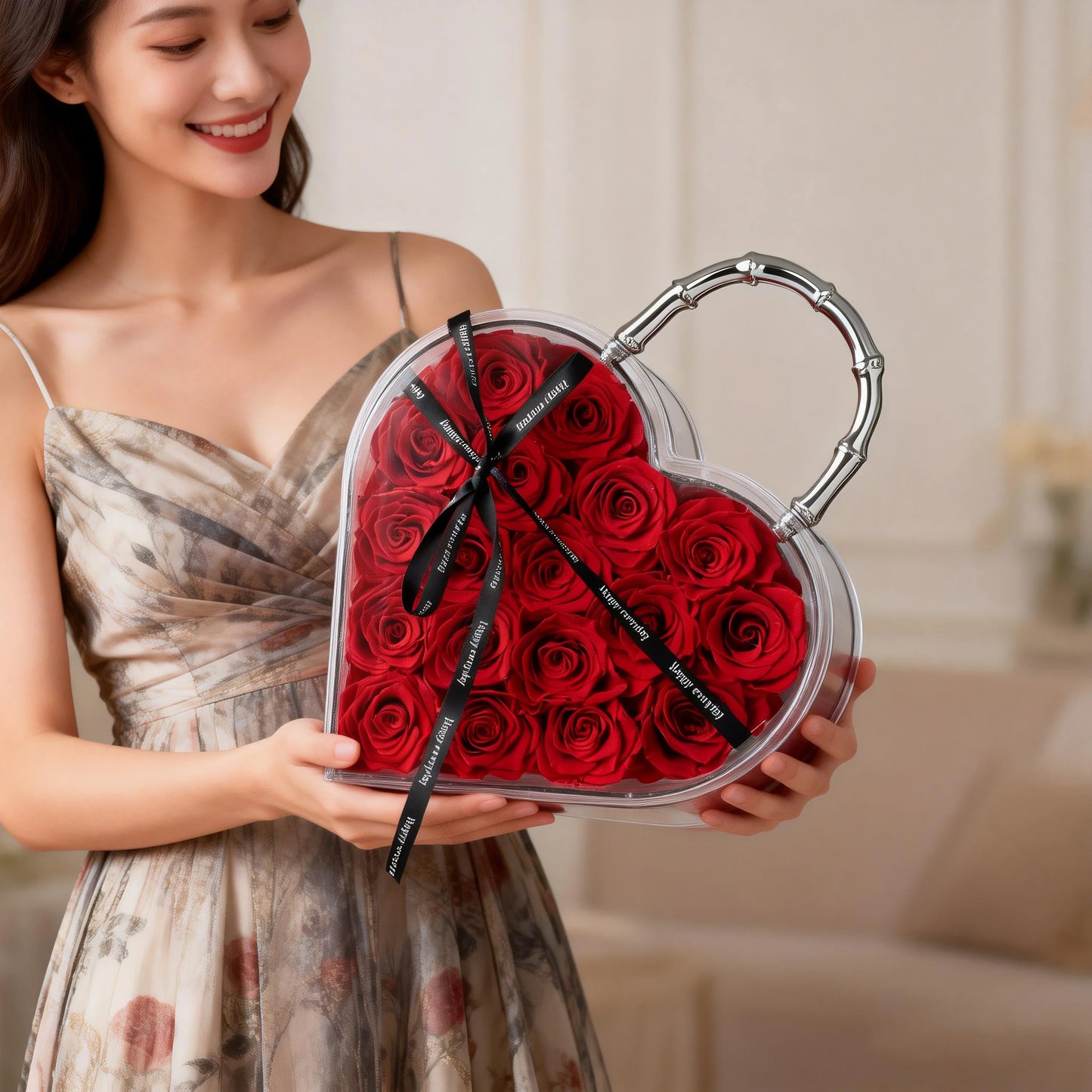 18 Preserved Roses in Heart Acrylic Display Case with Handle, Home