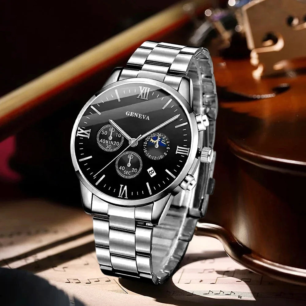 4PCS Men's Watch Set Fashion Trend Business Quartz Watch Cross Pendant Necklace Ring Bracelet Jewelry Set Perfect Gift for Him