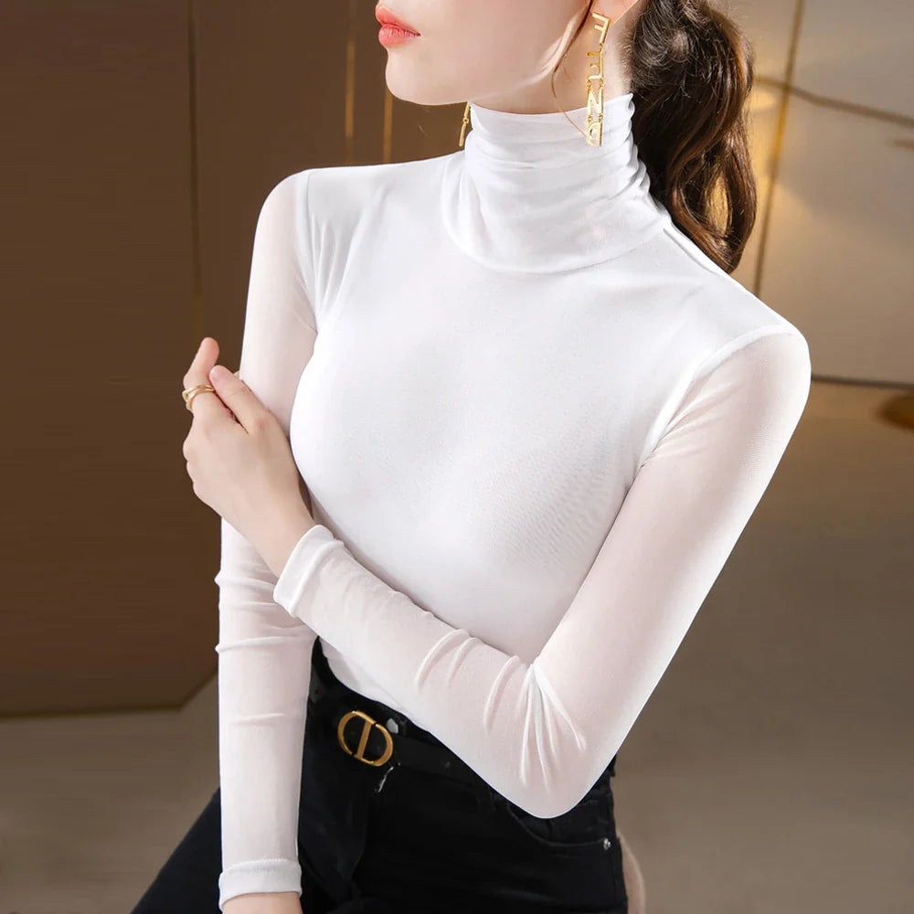 Long Sleeve High-neck Lace T-shirt Top Spring Autumn New Mesh Bottoming Shirt Women's Perspective Sexy T shirt Tees S-4XL Green