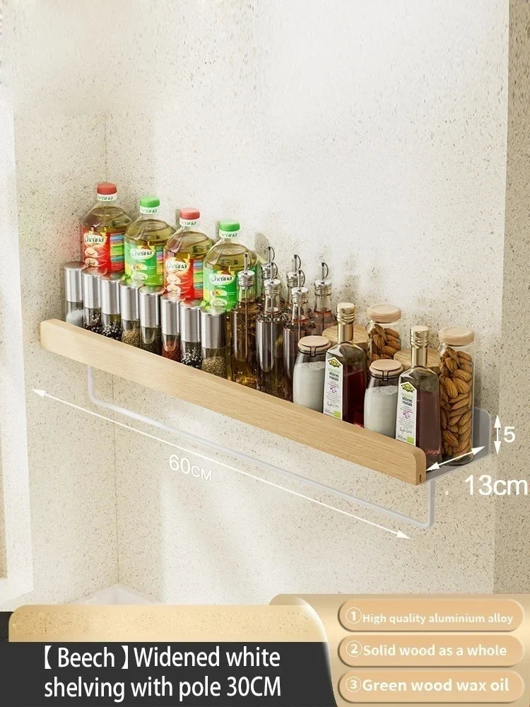 Wood Kitchen Organizer Mounted Spice Rack Kitchen Storage with Hooks for Condiments Kitchen Accessories