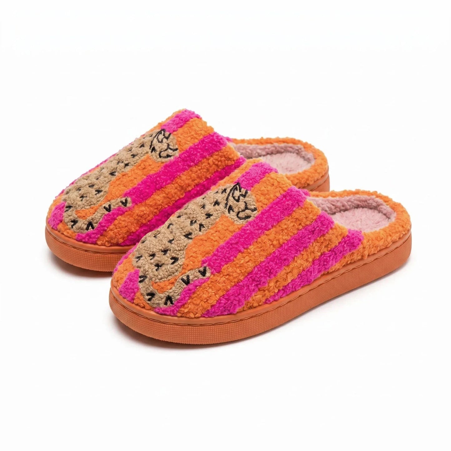 Ins-Style Cute Color-Block Embroidered Winter New Striped Leopard Print Plush Slippers for Women, Indoor Non-Slip Warm Plush Shoes, a Top Choice for Holiday Gifts