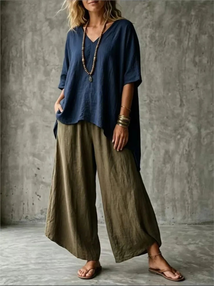 Summer New Loose Retro Short-sleeved T-shirt Trousers 2-piece Set Women's Fashion Irregular Top + Wide-leg Trousers Set Female