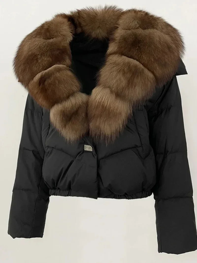 Down Jacket Women Short Puffer Jacket Thick New Big Natural Real Fox Fur Coat  Autumn Winter Female White Duck Down Coat Feather