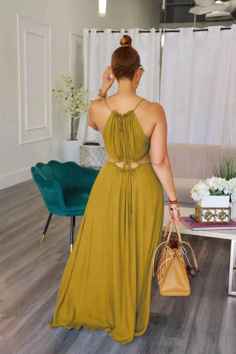 2025 Women's Dress Summer Holiday Solid Long Dresses Sexy Drawstring Lace Up Sleeveless Vestidos Para Mujer Club Party Outfits