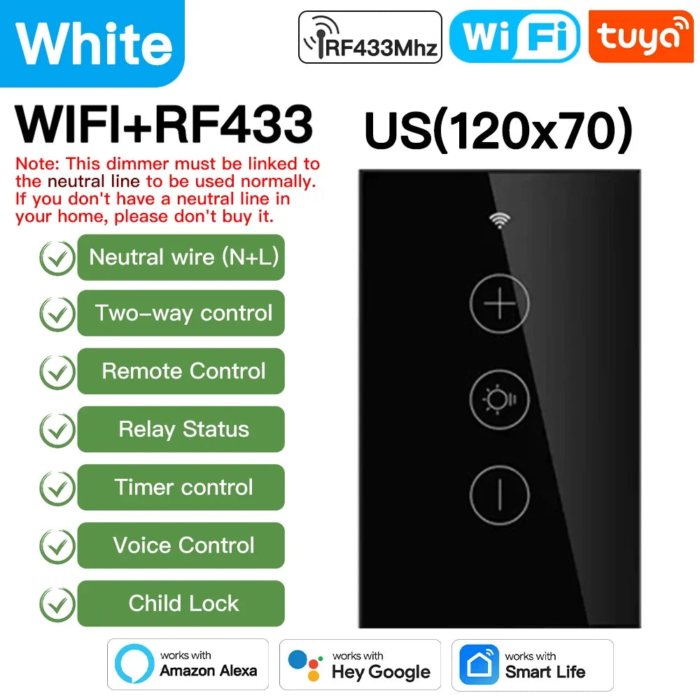 TNCE Tuya Dimmer wifi rf433 EU/US, Neutral wire Light Wall Switch remote Controllor, Smart Life APP, Voice for Google Home Alexa