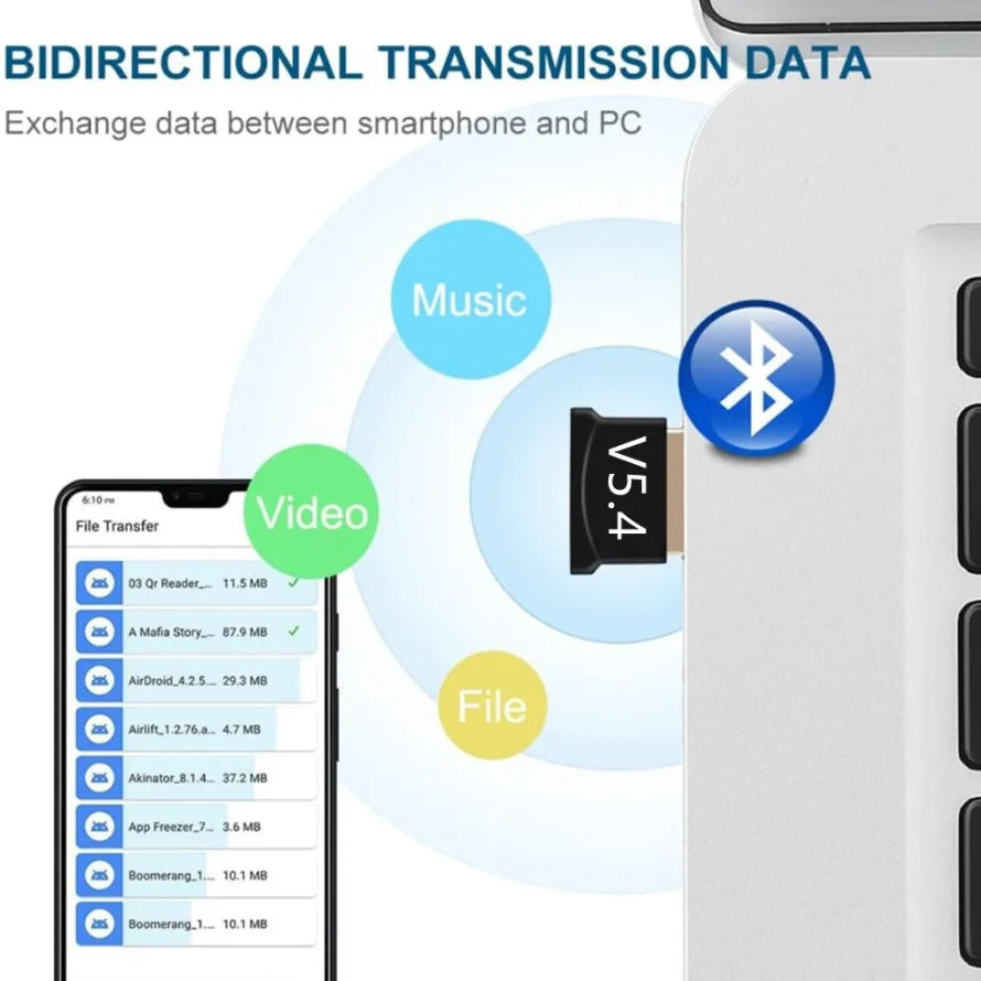 USB Bluetooth Adapter 5.4/5.3/5.0 Wireless USB Bluetooth Audio Receiver for PC Desktop Laptop Mouse Keyboard Headsets Speakers