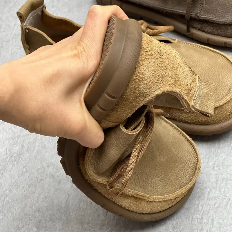 Johnature Handmade Genuine Leather Flats 2026 New Women Shoes Round Toe Shallow Soft Sole Loafers Retro Solid Color Shoes